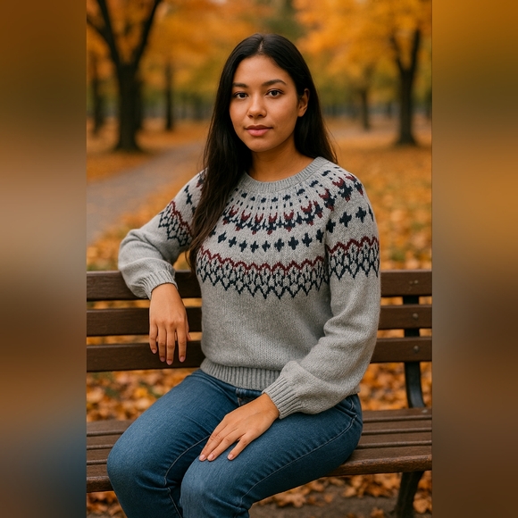 Old Navy Women's Large Sweater Balloon Sleeve Grey Fair Isle - Picture 1 of 7